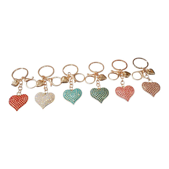 SET Of 6! Dazzling Rhinestone Heart Keychain Purse Charm Gold Tone - Picture 9 of 15